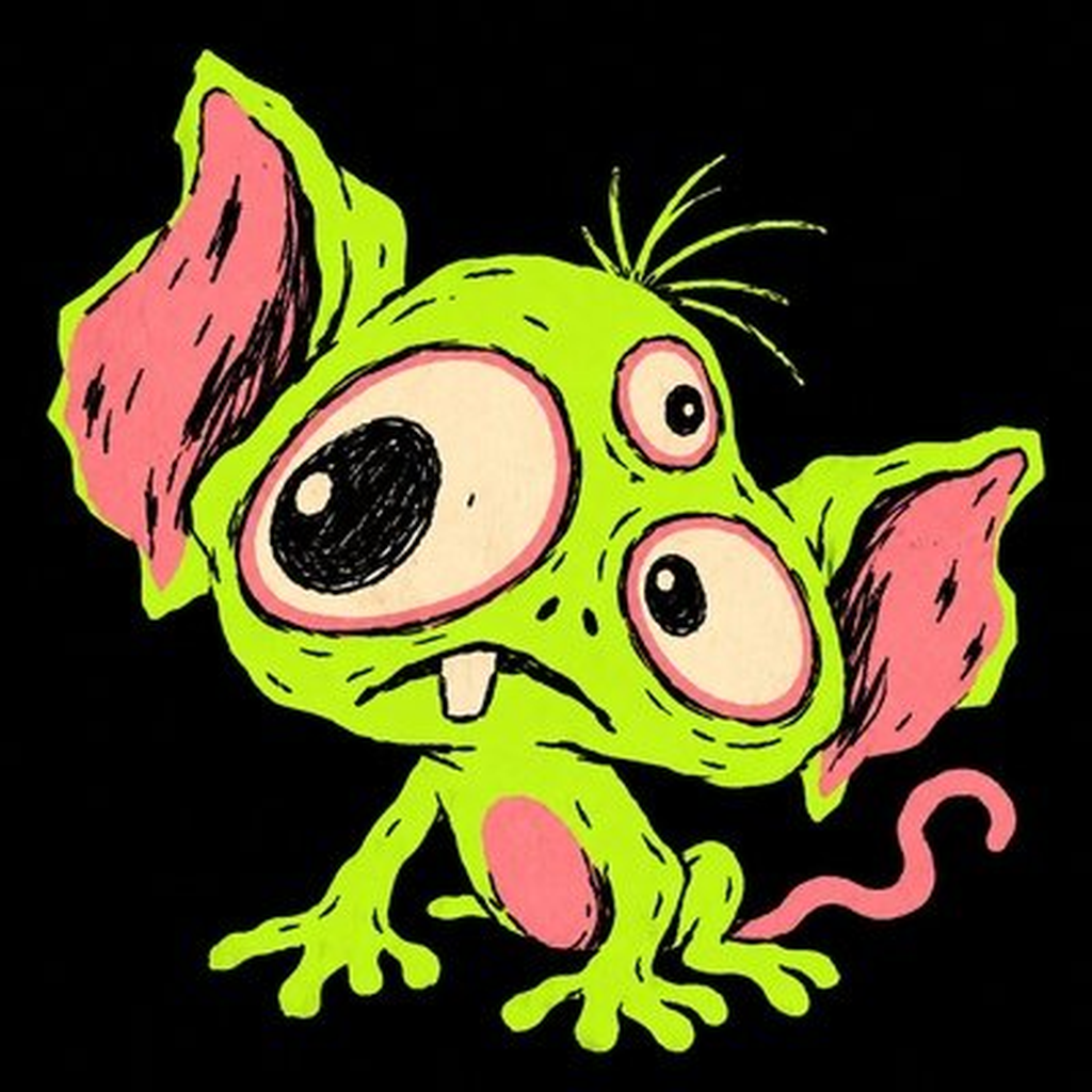 Original placeholder drawing of a blue, three-eyed, sock-shaped creature